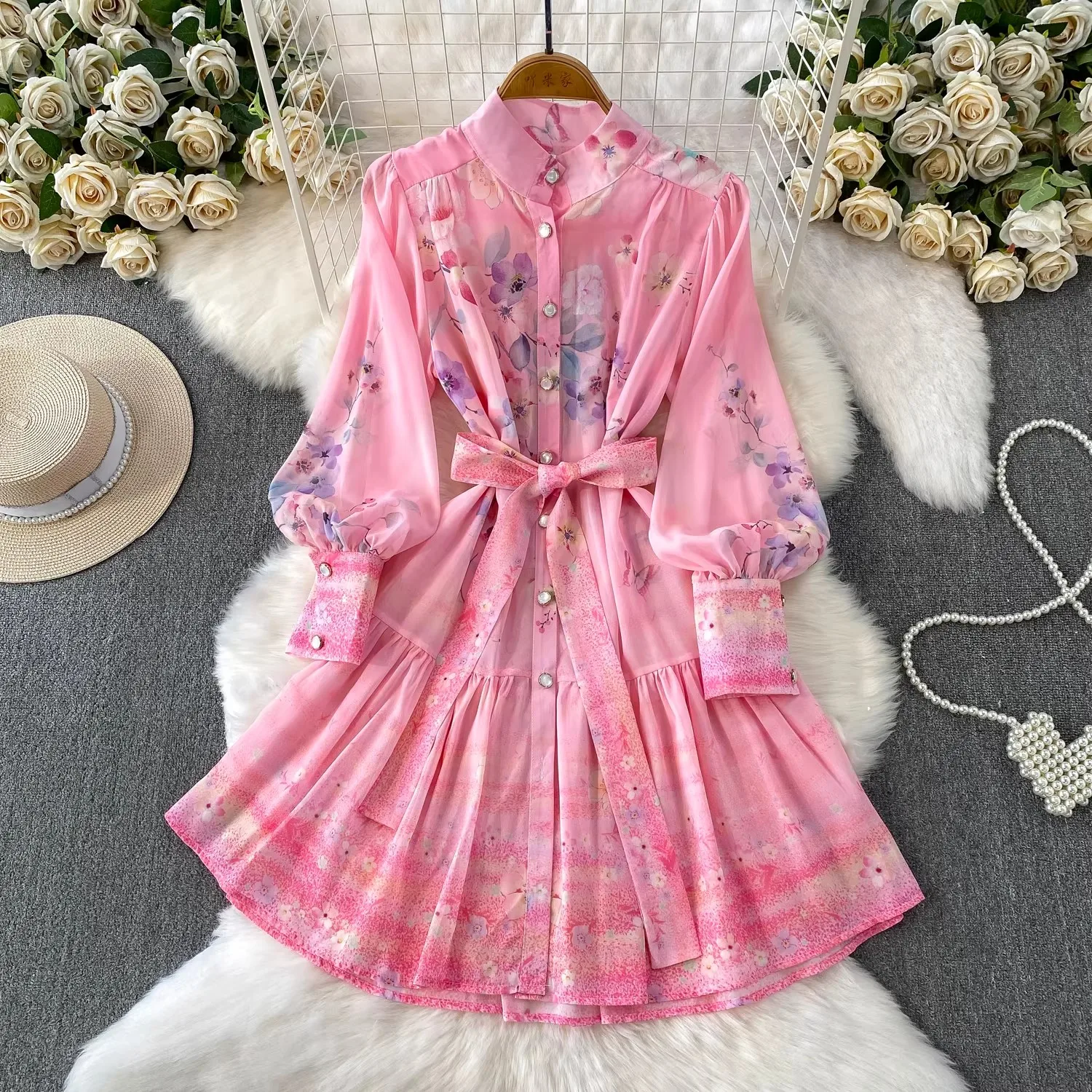 

New Summer Holiday Beach Short Dress Women's Stand Long Lantern Sleeve Floral Print Sashes Lace Up Chiffon Loose Vestidos