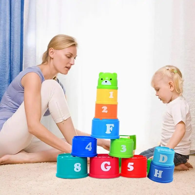 Stacking Cups Toy Early Educational Figures Letters Folding Stack Cup Tower Rainbow Cups Stacking Tower Montessori Toys for Kids