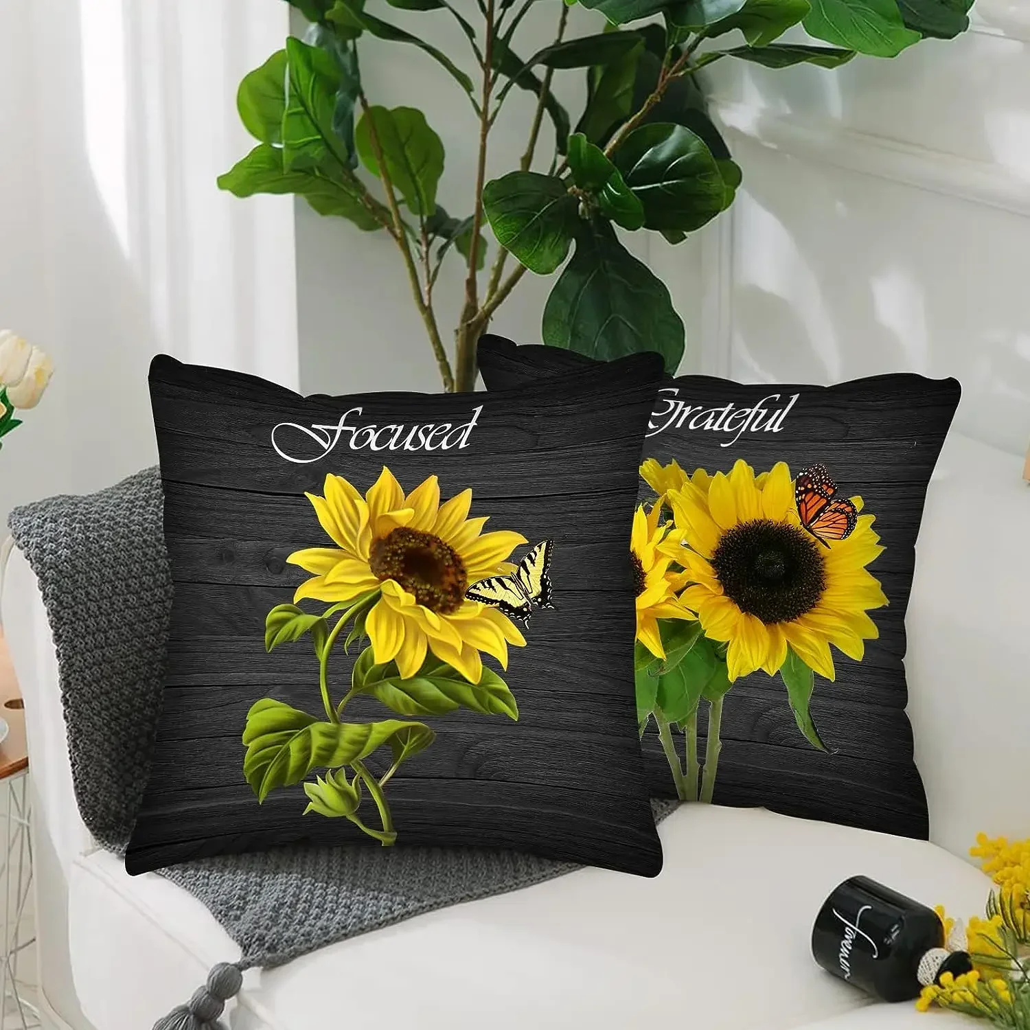 Sunflower Throw Pillowcase Cushion Cover Vintage Yellow with Butterfly Decorative Pillowcase Farm Sofa Bed Terrace Decoration