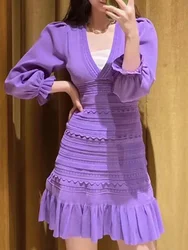 Elegant Solid V-neck Folds Lantern Sleeve Slim Dress Women Y2k Basics Leiusre Vestido Female 2024 Summer New Tide Women Clothing