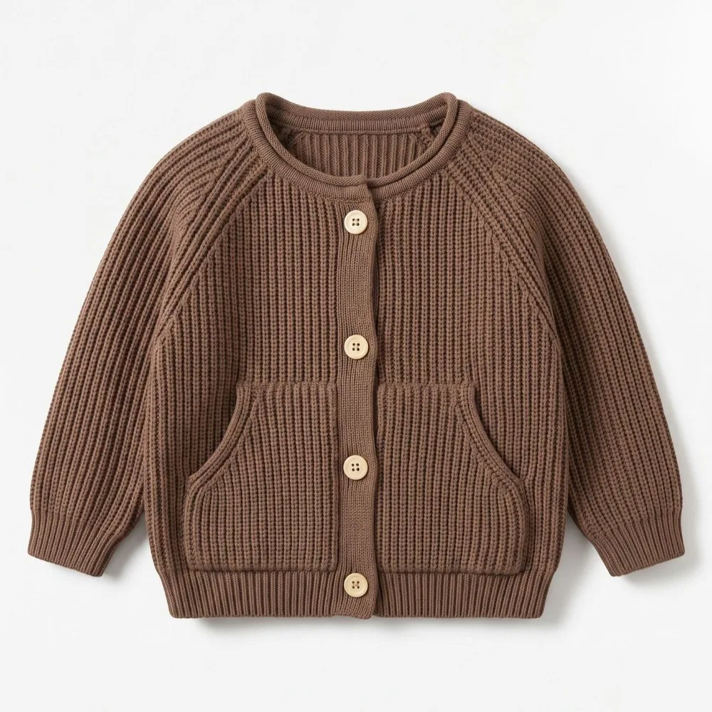Korean Vintage Ribbed Knit Cardigan For Baby Boys & Girls, Single Breasted Fashion Kids Outerwear Spring Autumn