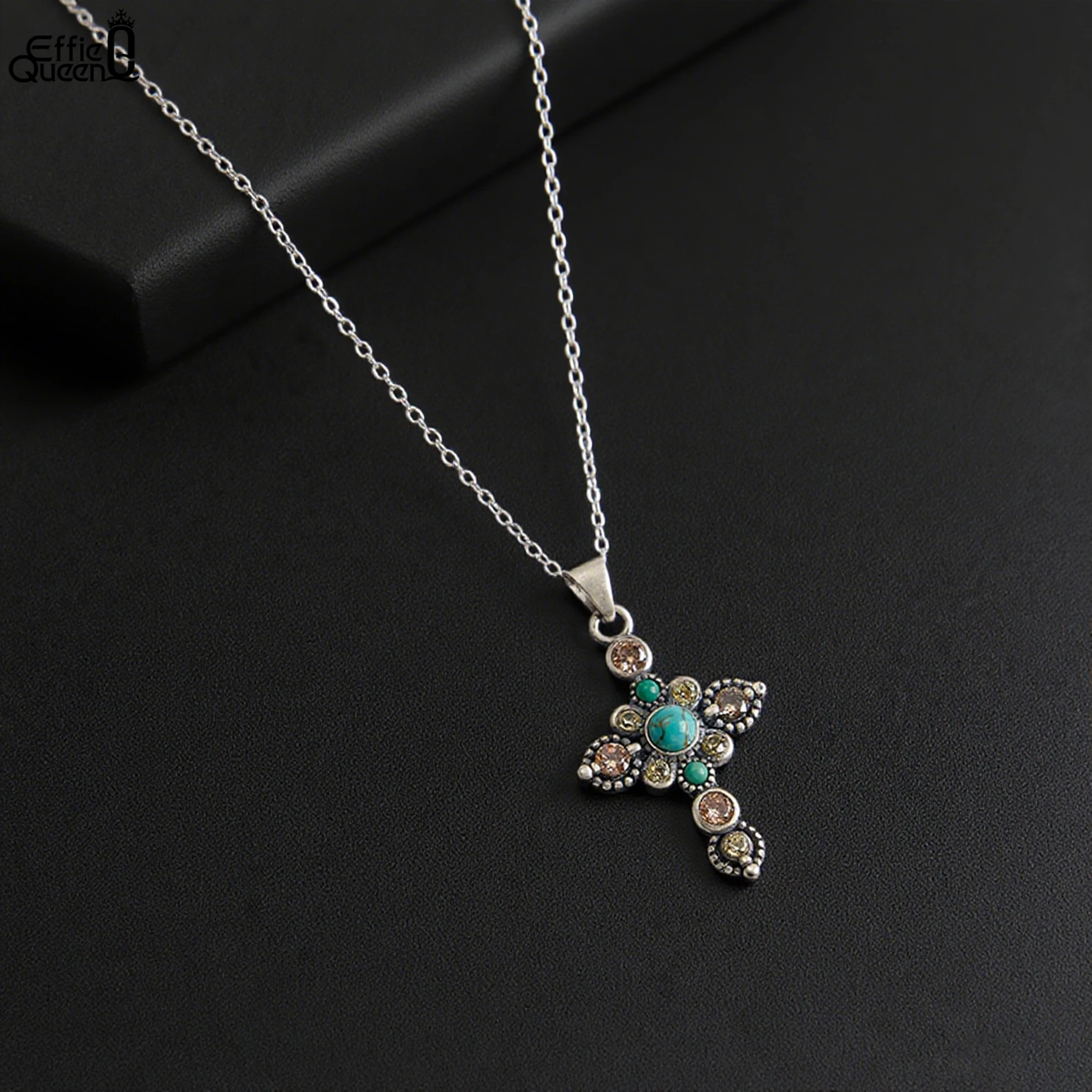 

EFFIE QUEEN Vintage 925 Sterling Silver Cross Pendant Necklace Round Turquoise Cable Chain With 4A Yellow CZ Party Present GMN44