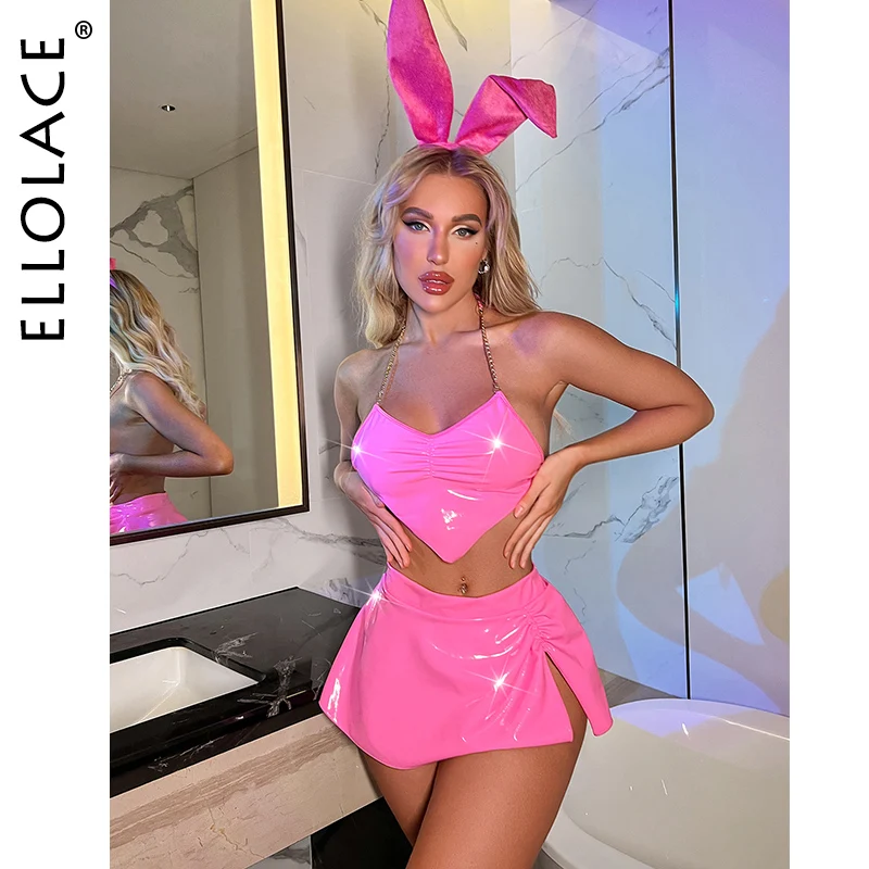 Ellolace Latex Lingerie Neon Pink Underwear Women 3-Piece Bunny Sexy PVC Outfit Sexy Nightclub Leather Erotic Costumes