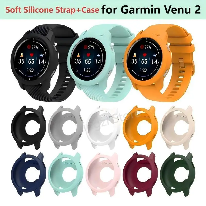 Pulseira de silicone macio + capa para garmin venu 2, capa protetora com pulseira para garmin venu 2, acessório de relógio inteligente