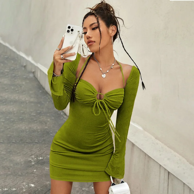 

YQ1-INS2026Women's Fashion Internet Celebrity Style Hollow Out Tie Back Split Long Sleeve Bodycon Dress