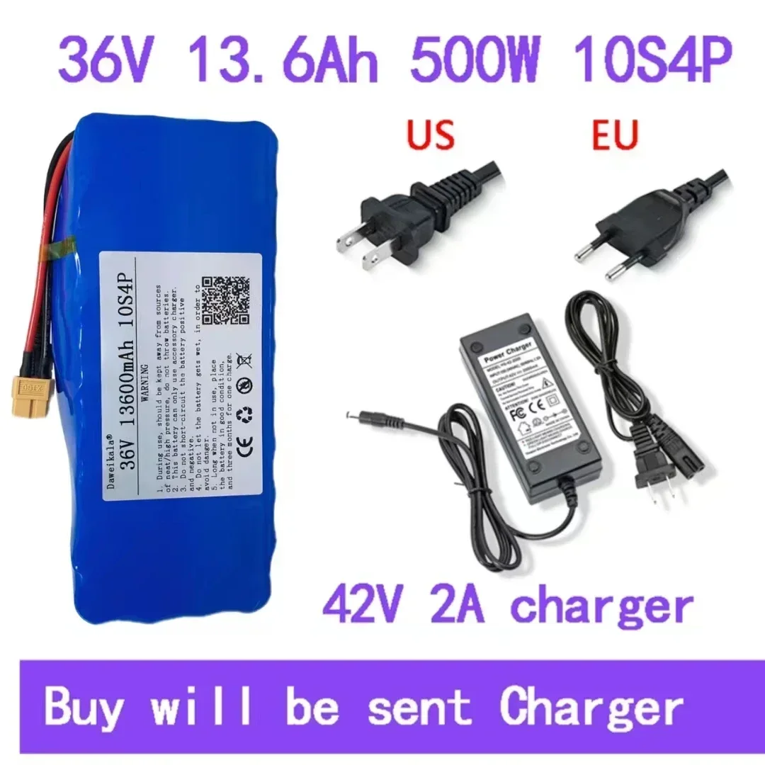 

36V 13600mAh 500w 10S4P XT60 18650 Lithium ion Battery Pack 13.6Ah For 42V E-bike Electric bicycle Scooter with BMS+2A Charger