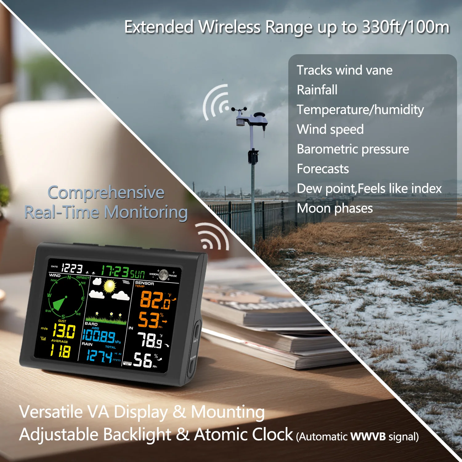 WiFi Weather Station Indoor Outdoor Solar Wireless Sensors Digital Thermometer Temperature & Humidity Monitor For Home Office