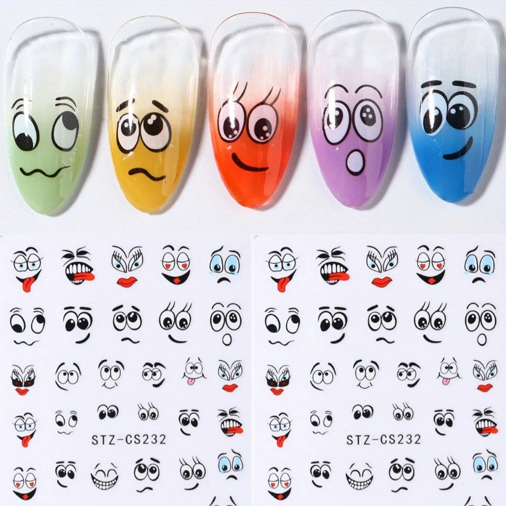2PCS Graffiti smiley face nail stickers, easy to apply for nail decoration DIY、Makeup and styling for gift parties and weddings