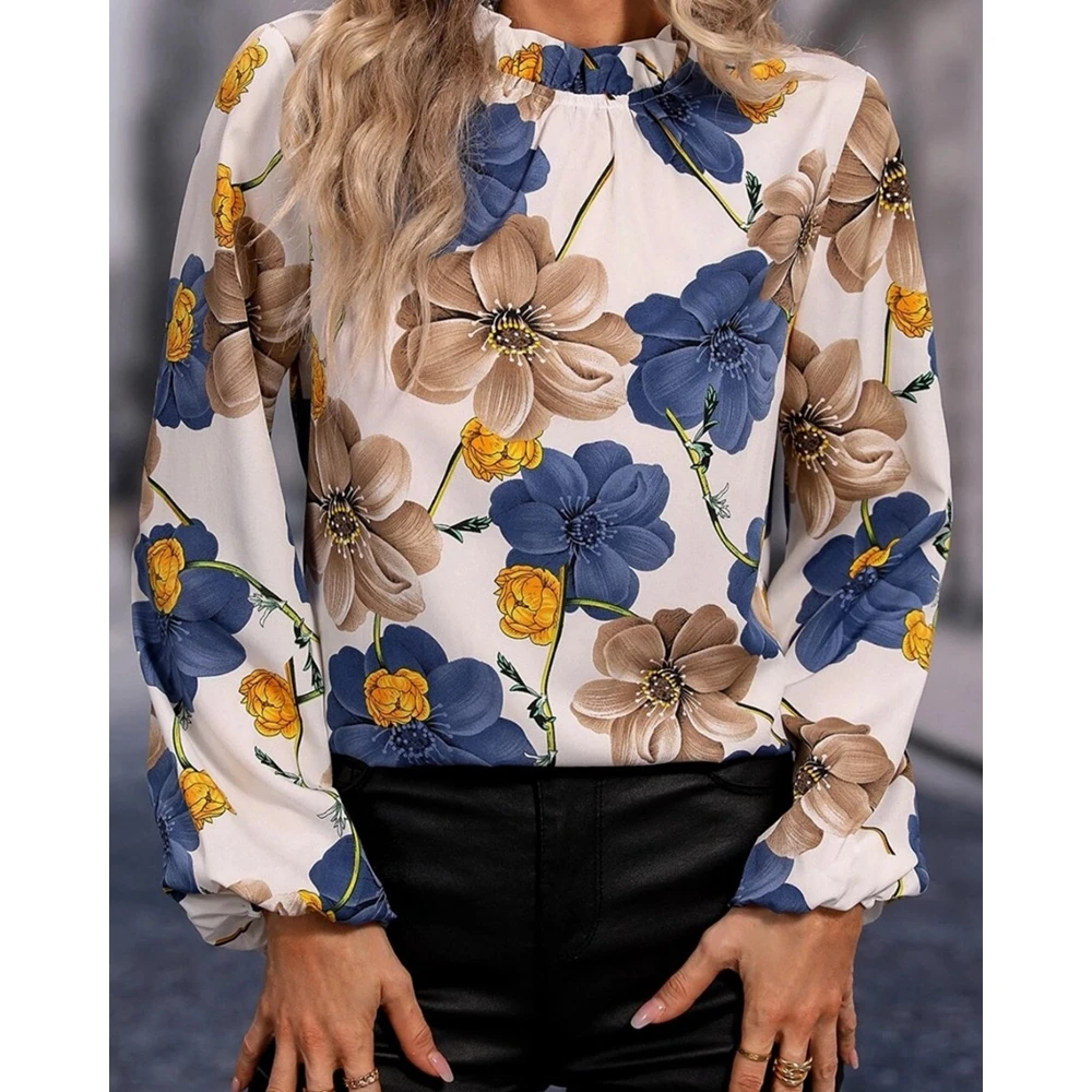 Women Floral Print Long Sleeve Shirts Ruched Neck Elegant Blouse Casual Top Spring Fashion Going Out Office Lady Work Wear