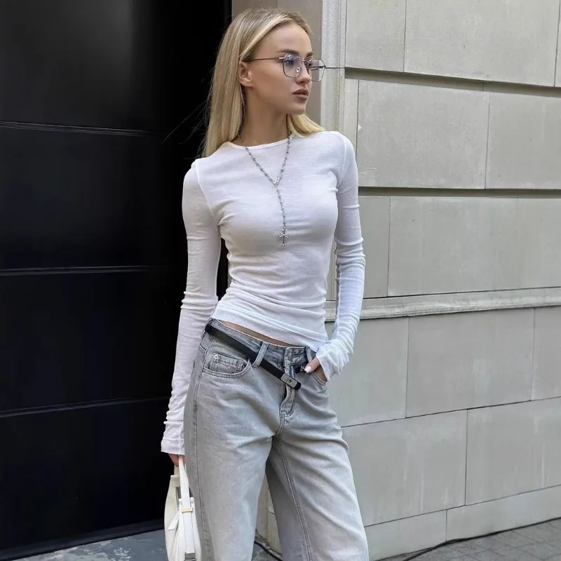 Jesienna, nowa, jednolita, uniwersalna, dopasowana koszulka z długim rękawem, europejsko-amerykańska, damska, codzienna, z okrągłym dekoltem, obcisła.