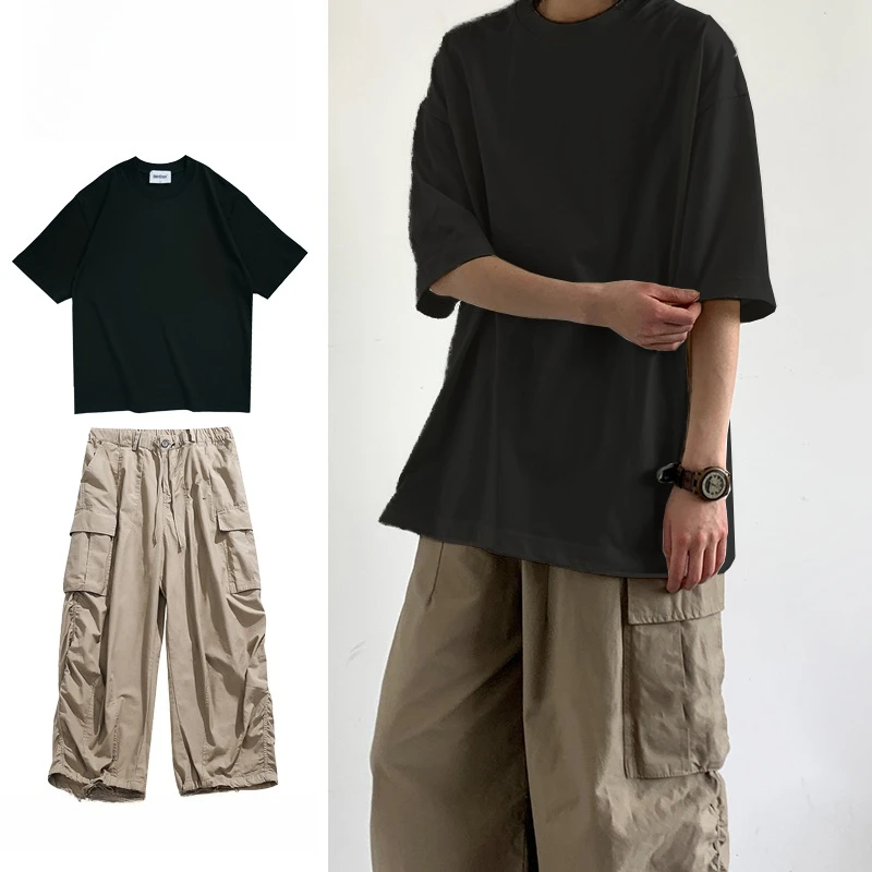 

Мужской комплект рабочей одежды в японском стиле, 2 предмета: плотная футболка с коротким рукавом (260 г) и универсальные брюки карго свободного кроя с большими карманами
