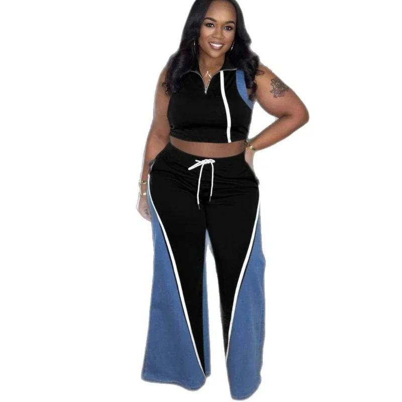 

Fashion Denim Patchwork Women's Set Sleeveless T-shirt and Flare Pants 2025 Active Two 2 Piece Sets Outfits Tracksuit