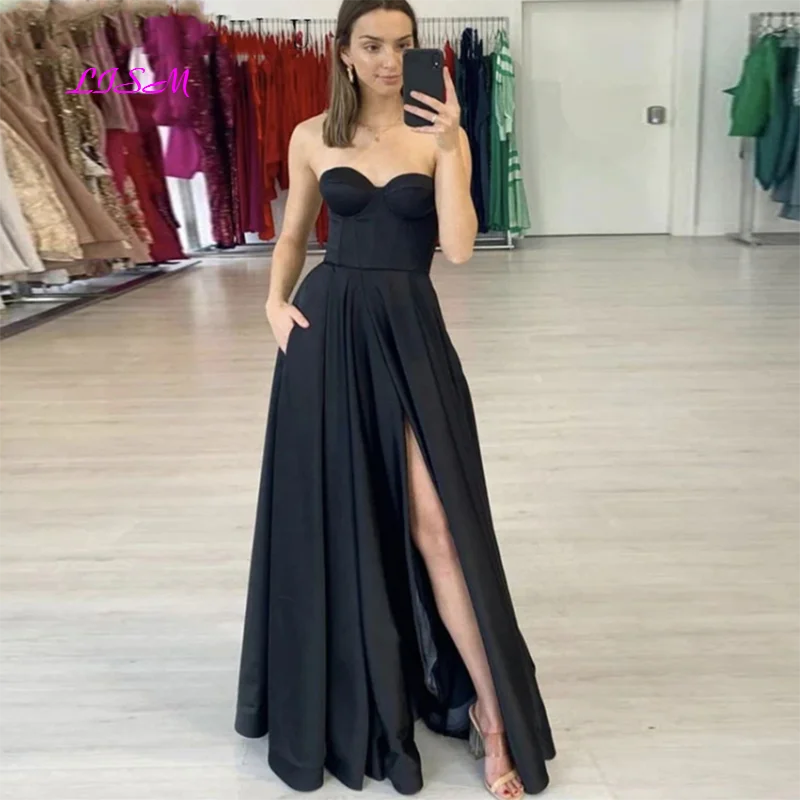 

Floor Length Satin Ruched Long Prom Dresses Sweetheart Sexy Bride Formal Party Evening Gowns Side Split Black Robe De Soiree