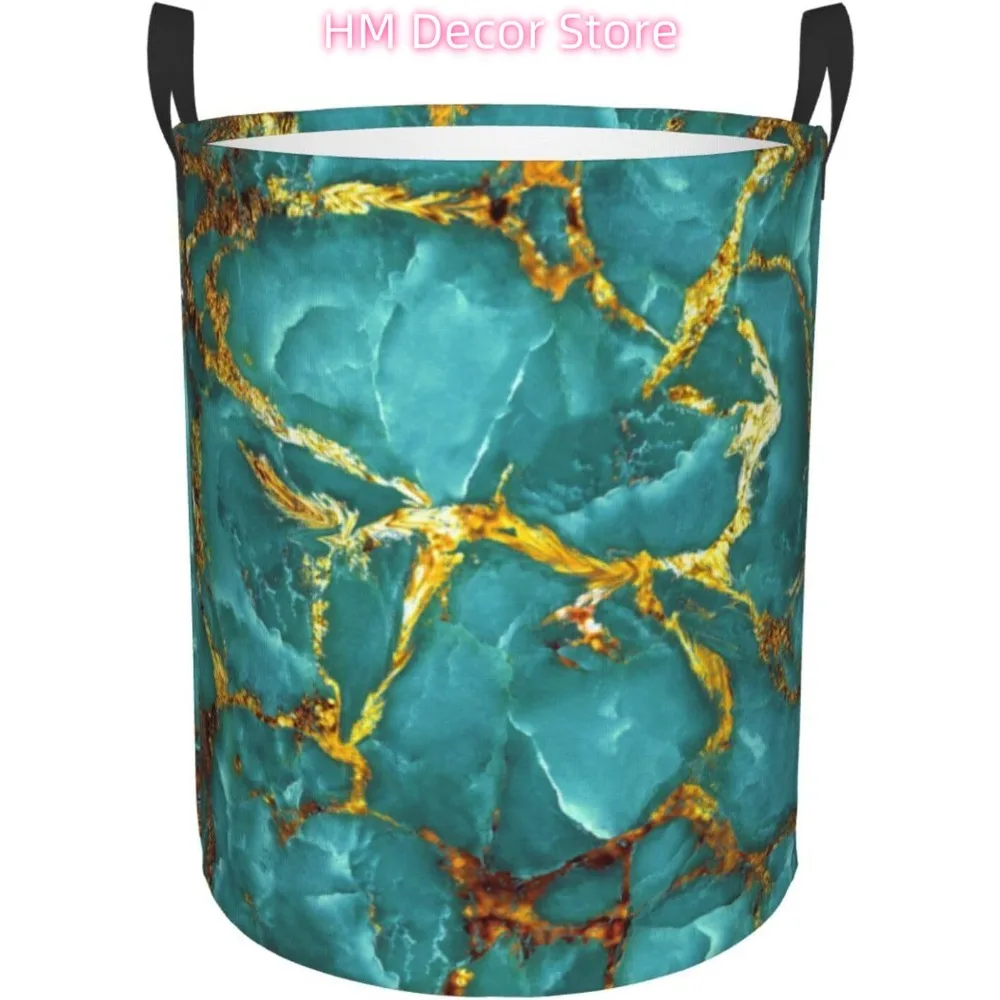 

Gold Veins Blue Rippled Marble Laundry Basket Waterproof Oxford Cloth Organizer Basket Collapsible Clothes Hamper with Handle To