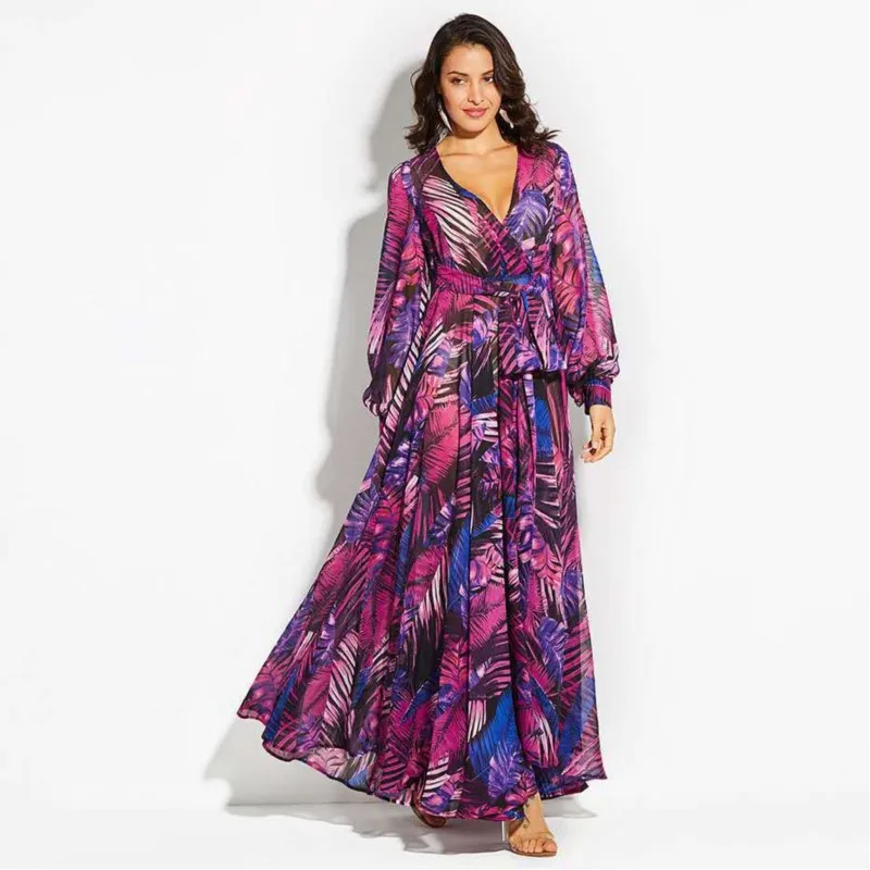 New dress lantern sleeves red leaf printed long skirt big swing