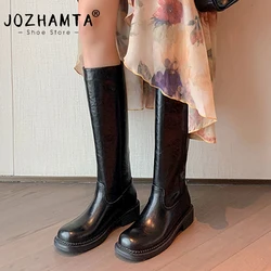 JOZHAMTA Size 34-39 Women Knee High Boots Real Leather Vintage Thick Heels Shoes Platform Boots Winter 2025 Casual Office Dress