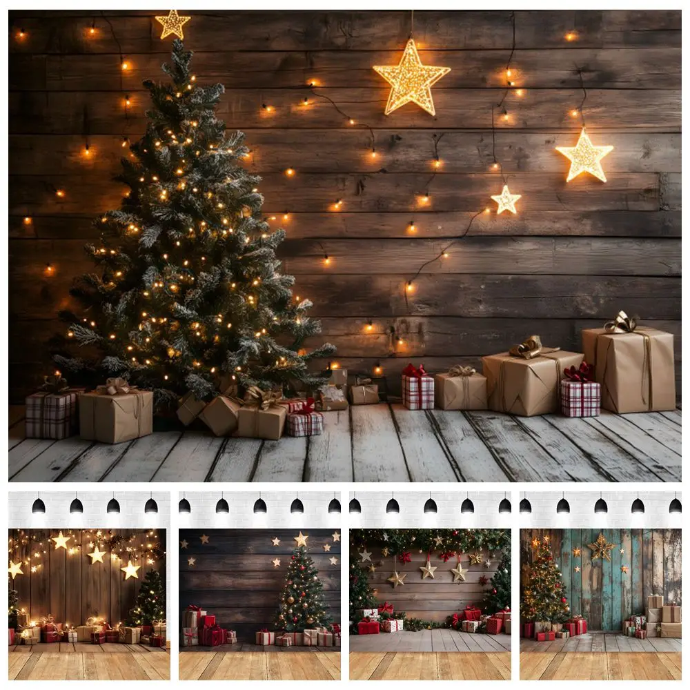 Christmas Tree Gifts Wood Wall Floor Backdrop Baby Kids Portrait Xmas Festival Party Decor Photography Background Photo Studio