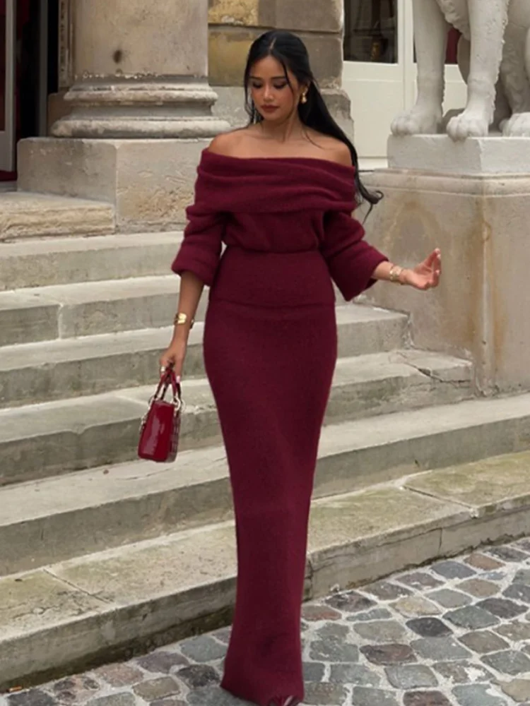 Elegant One Neck Red Off Shoulder Knitted Dress Suit Women Fashion Long Sleeves Slim Fit Robe 2024 New Autumn Lady Chic Knitwear