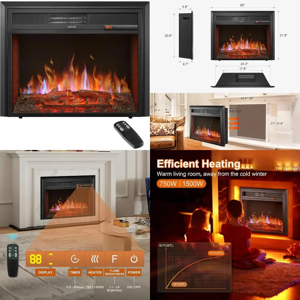 

In-Wall Electric Fireplace Insert with Remote, 8-Hour Timer, 6-Level Brightness