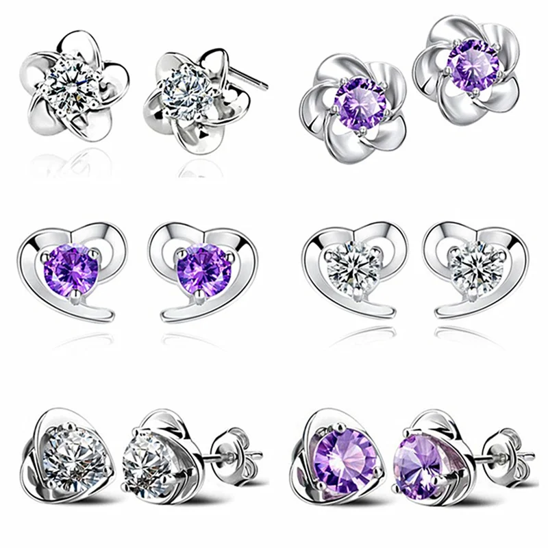 20Pairs/Lot Fashion 925 Sterling Silver Needle Rhinestone Flowers Heart Stud Earrings Jewelry For Women Girls Wholesale