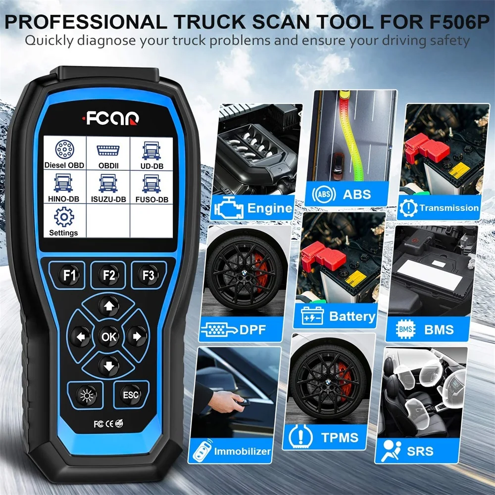 Fcar F506 Pro Diesel Heavy Duty Truck Scanner OBD2 All System Diagnostic Scan Tool ABS SRS Auto Diagnostic Scanner for Truck/Car