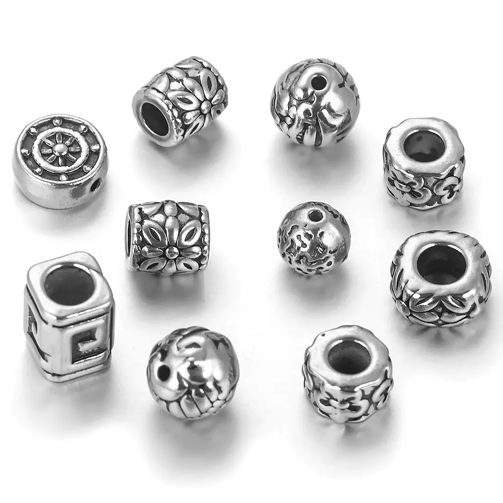 5Pcs Stainless Steel Vintage Square Tube Flower Bead Spacer Large Holes Beads for Bracelet Jewelry Making Necklace Metal Hair