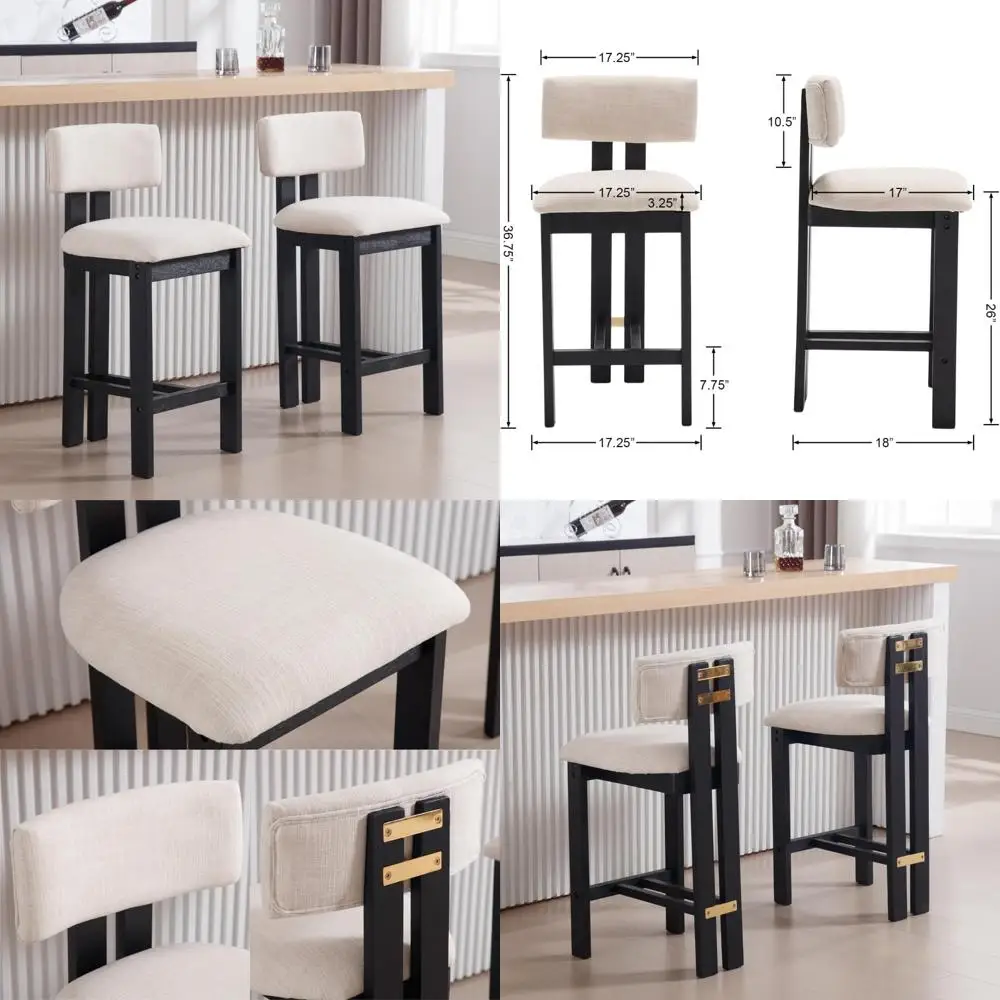 26 Counter Stools Set of 2 Counter Height Bar Stools with Back and Black Solid Wood Legs Modern Farmhouse Linen Upholstered Kitc