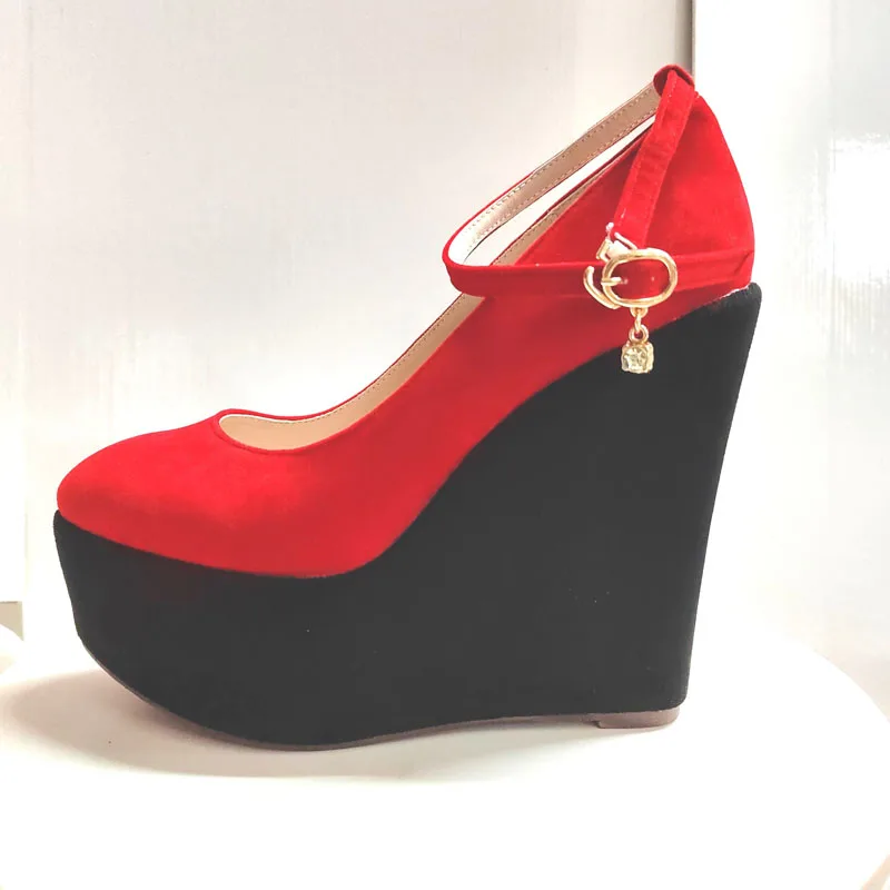 New 2024 Wedges Women Shoes 15 cm High Heels Pumps Red Black Patchwork Design Platform Ladies Shoes Large Size 34-43 WSH5006