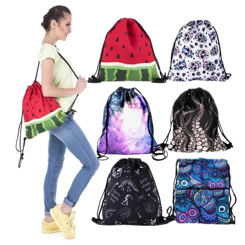 39*30cm Halloween Drawstring Bags Colorful Skull Octopus Watermelon 3D Printed Pouch Travel Backpacks Unisex Polyester Purses