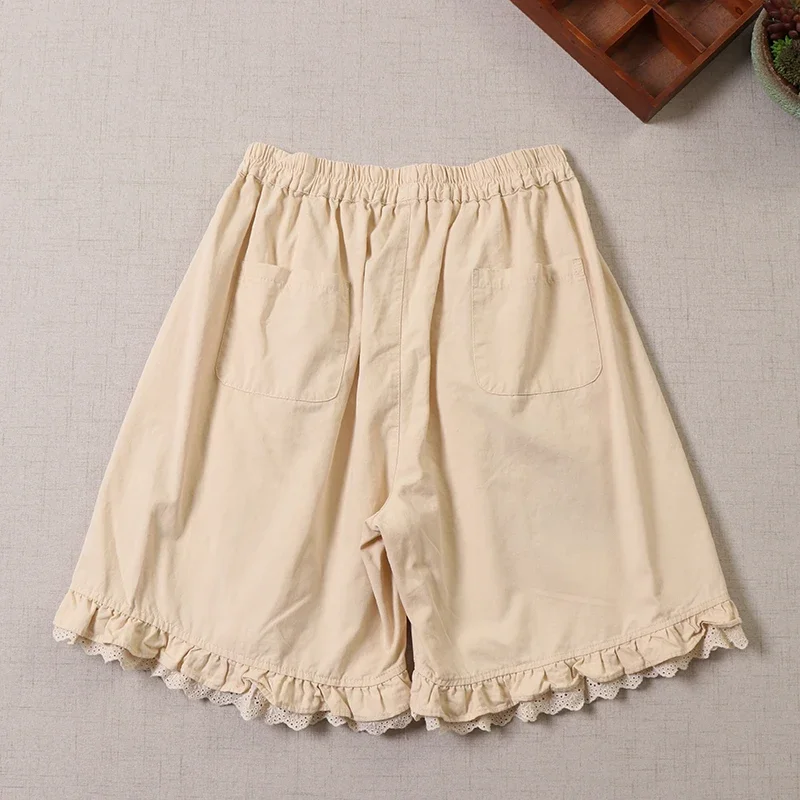 Harajuku Japan Style Mori Girl Floral Embroidery Shorts Women Summer Vintage Elastic Waist Casual Loose Cotton Linen Shorts