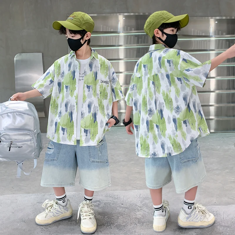 

Korean Style Kids Summer Cotton Shirt for Big Boys Casual Loose Short Sleeve Printed Blouse Outfit Children Luxury Clothes Shirt