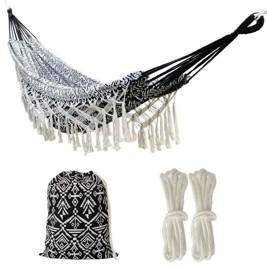 

with Wirte Bohemian Striped Fringe Double Hammock Soft Cotton Fabric Outdoor Indoor Hanging Bed with Durable Ropes, SpaceSaving