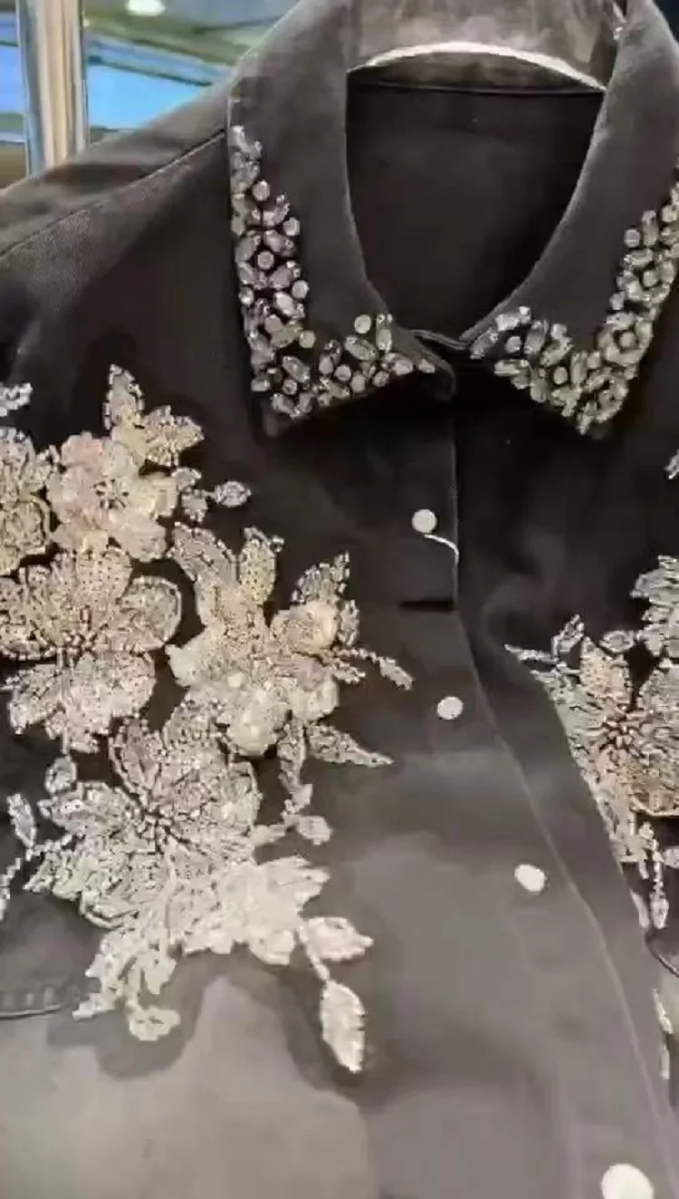 ใหม่ในฤดูใบไม้ผลิฤดูใบไม้ร่วง 2025 Sparkle SequinsเพชรStitchความยาวกลางY2K Denimเสื้อและเสื้อสําหรับสตรีแฟชั่นTops blusas