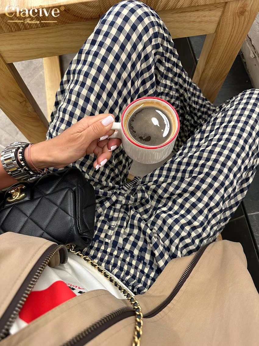 Clacive Fashion Loose Plaid Women Pants 2025 Vintage High Waist Wide Trousers Elegant Classic Full Length Pants Female Clothing