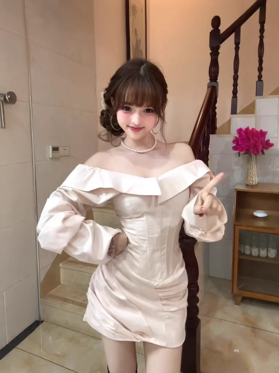 

SYJ ujia Pure Desire One oulder Turn-down Collar Fibone Dr Women's Autumn Elely Slimming Waist Dr