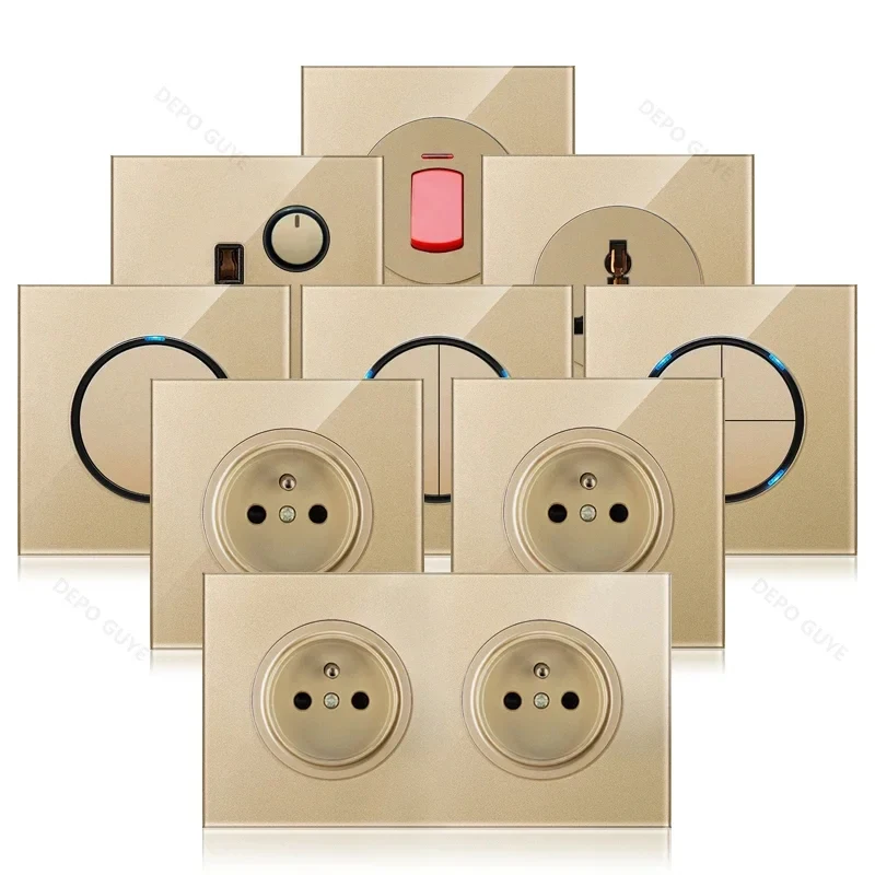 

Luxury Gold Button Wall Round 1/2Way Switch Tempered Glass Panel EU FR Uk Electric Double Socket and Led Indicator Light Switch