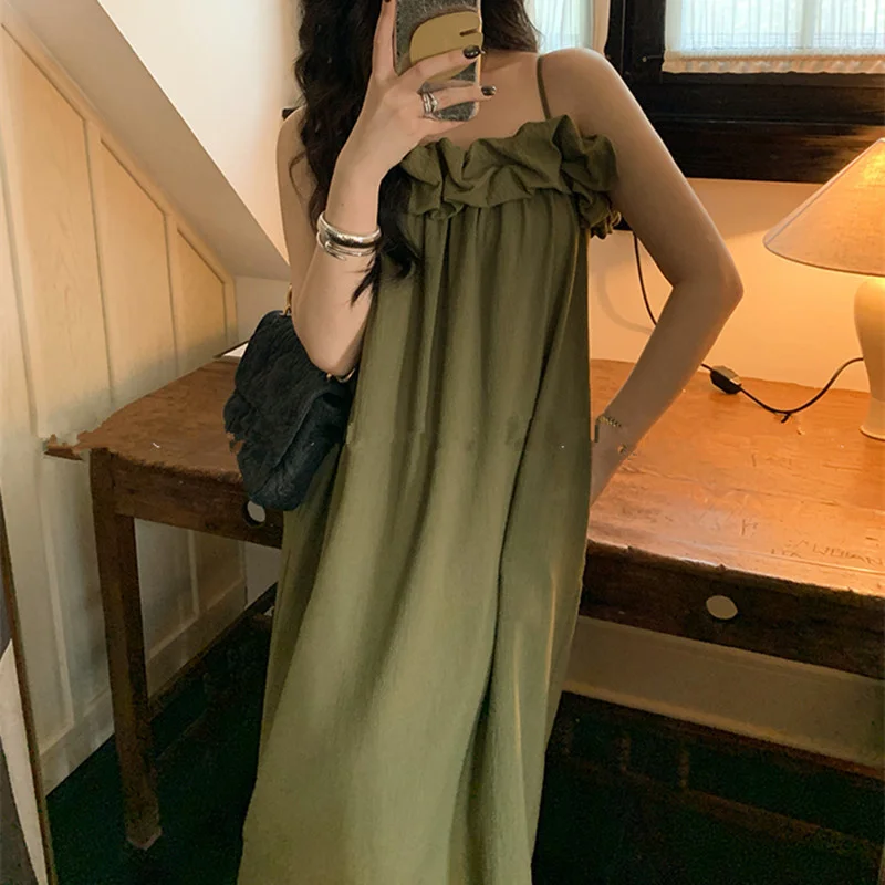 

Avocado Green Off Shoulder Suspended Dress Retro Casual Dress Women's Design Sense A-line Flesh Covering Long Dress