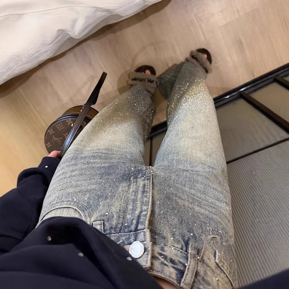 Women's Fall New Fashion Loose Skinny Wide Leg Jeans Glittering Stars Sparkling Rhinestones