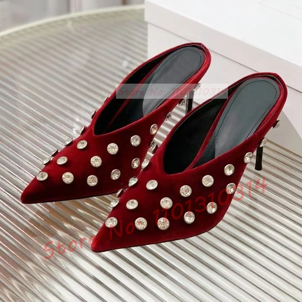 Velvet Pointy Gems Mules Women Real Leather Luxury Crystal V-shape High Heels Slippers Ladies Casual Bling Fashion Shallow Shoes