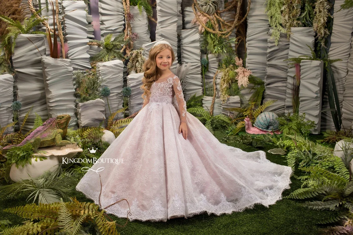 FATAPAESE Wedding Girl Dress Luxurious Sparkly Lace Appqulies Blush Pink Gowns Long Sleeve Flower Kid Ball Gown Juior Bridesmaid