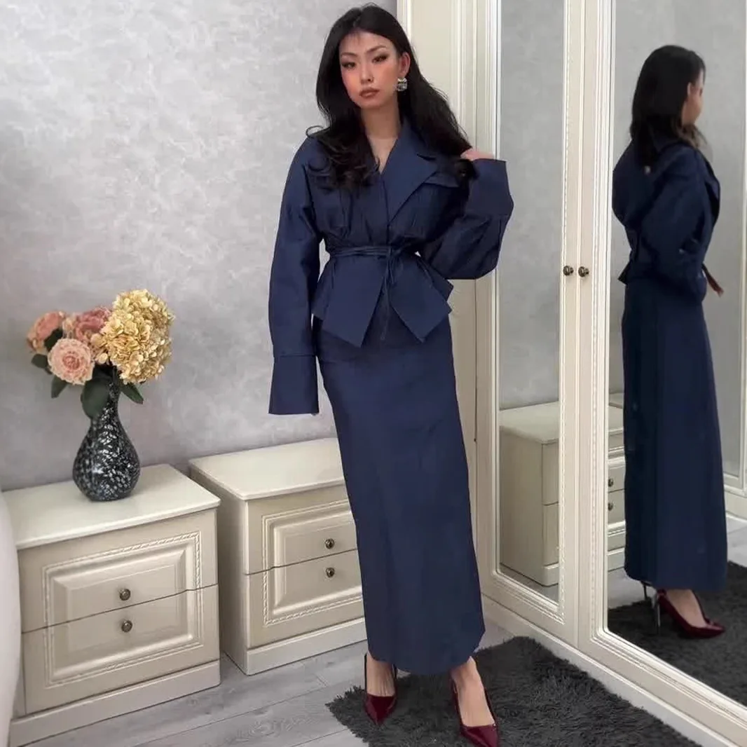 Elegant Long Sleeve Lace-up Shirt With High Waist Long Skirt Set For Woman Temperament Spring Office Lady Outfits