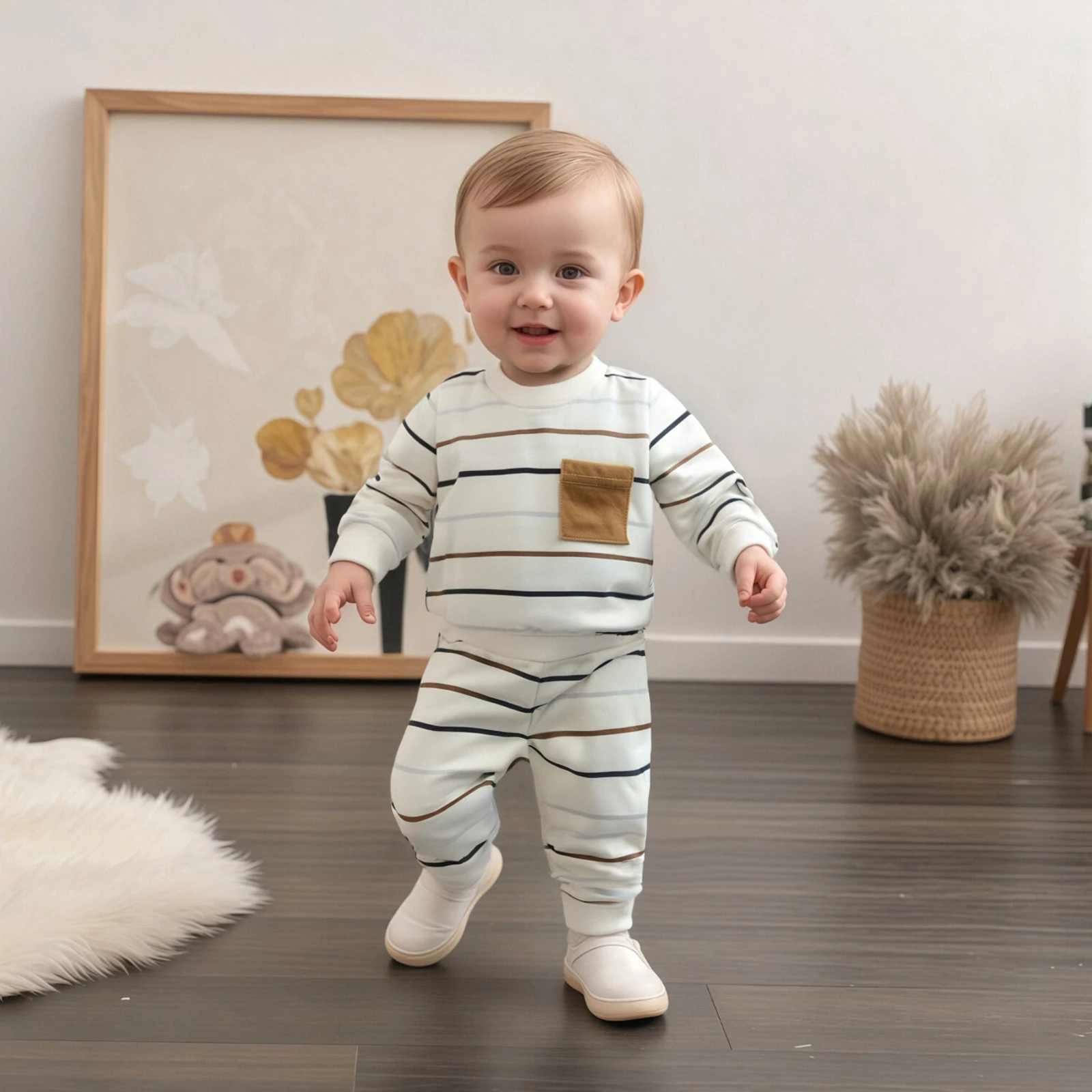 

Toddler Baby Boys Autumn 2Pcs Pants Sets Long Sleeve O Neck Striped Tops Drawstring Pants Sets