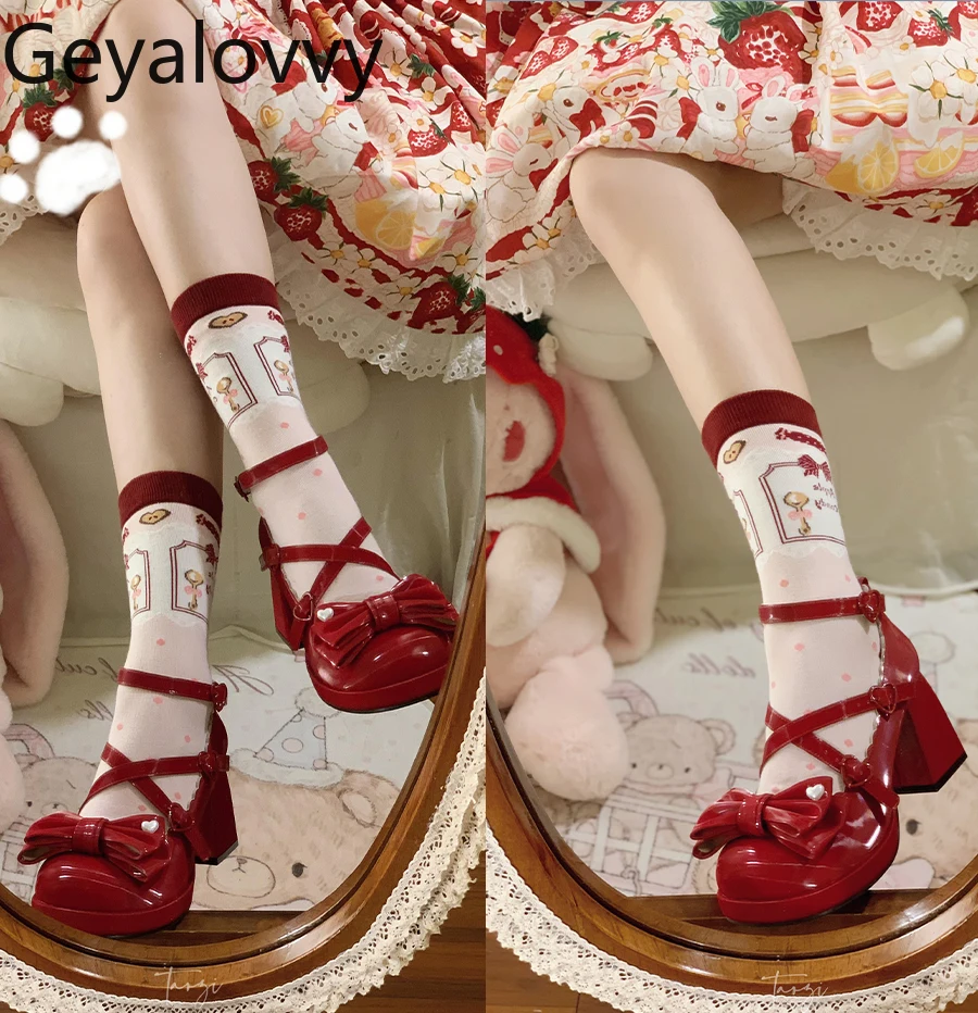 Lolita Style Original Mary Jane Chunky Heel High Heels Pumps Sweet Girl Strap Bow Spring and Autumn Casual Shoes for Women