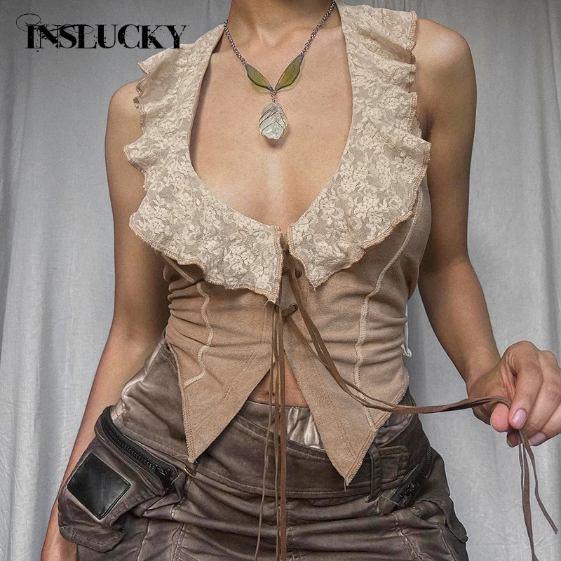 

InsLucky Vintage Lace Up Splicing Bandage Backless Sling Tank Women Sexy Cropped Top Sleeveless V Neck Vest Tribal Style Design