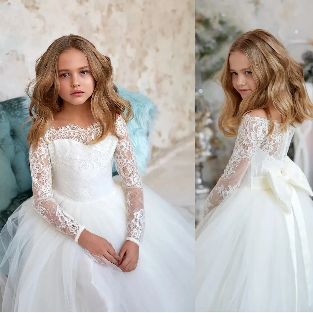 Flower Girl Dress Wedding Elegant Tulle White Lace Printing Bow Girls Kids Birthday Gift First Communion Gown Bridesmaid Dress