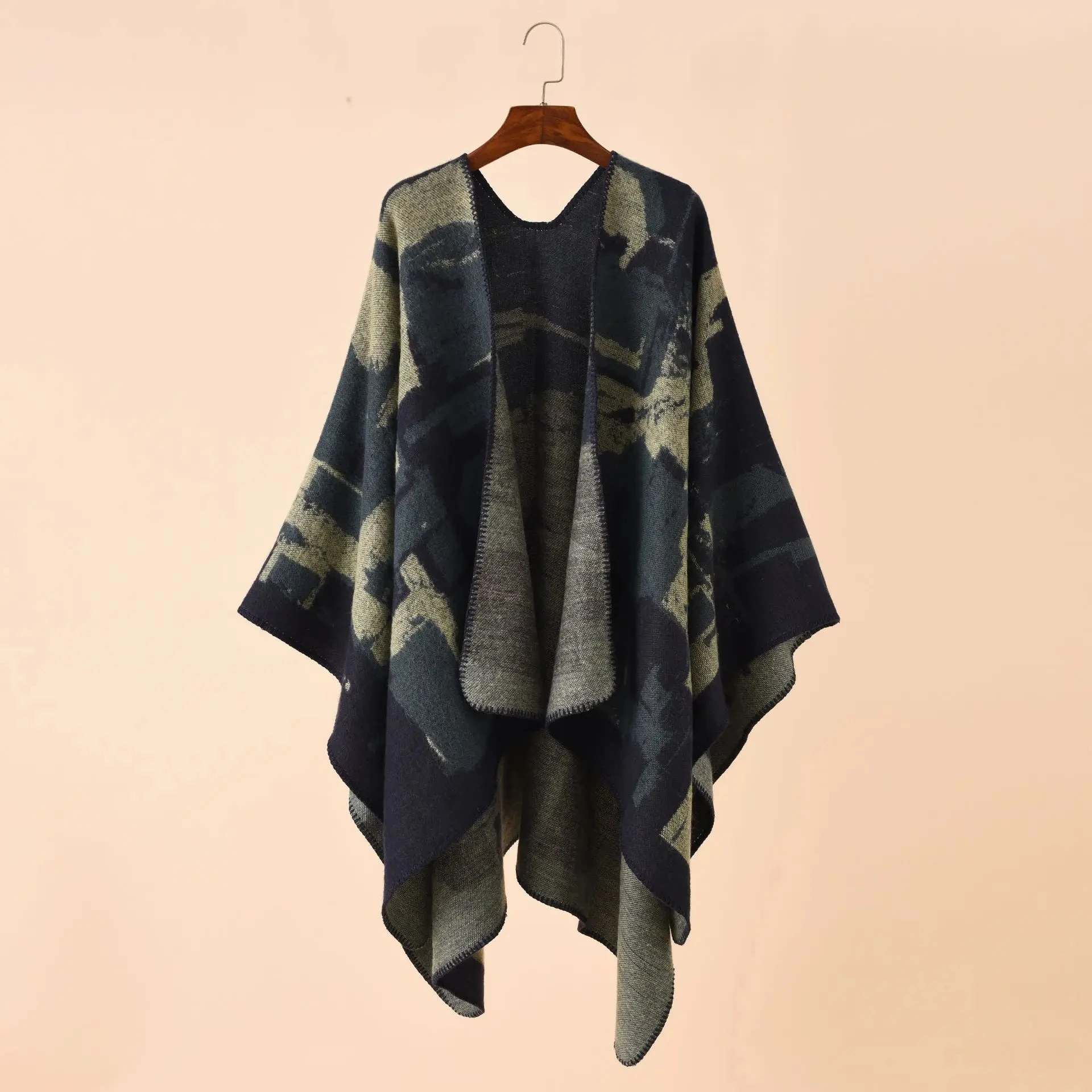 

2024 Autumn Winter Irregular Geometric Lattice Pattern Imitation Cashmere Shawl Air Conditioning Room Cloak Poncho Capes Navy