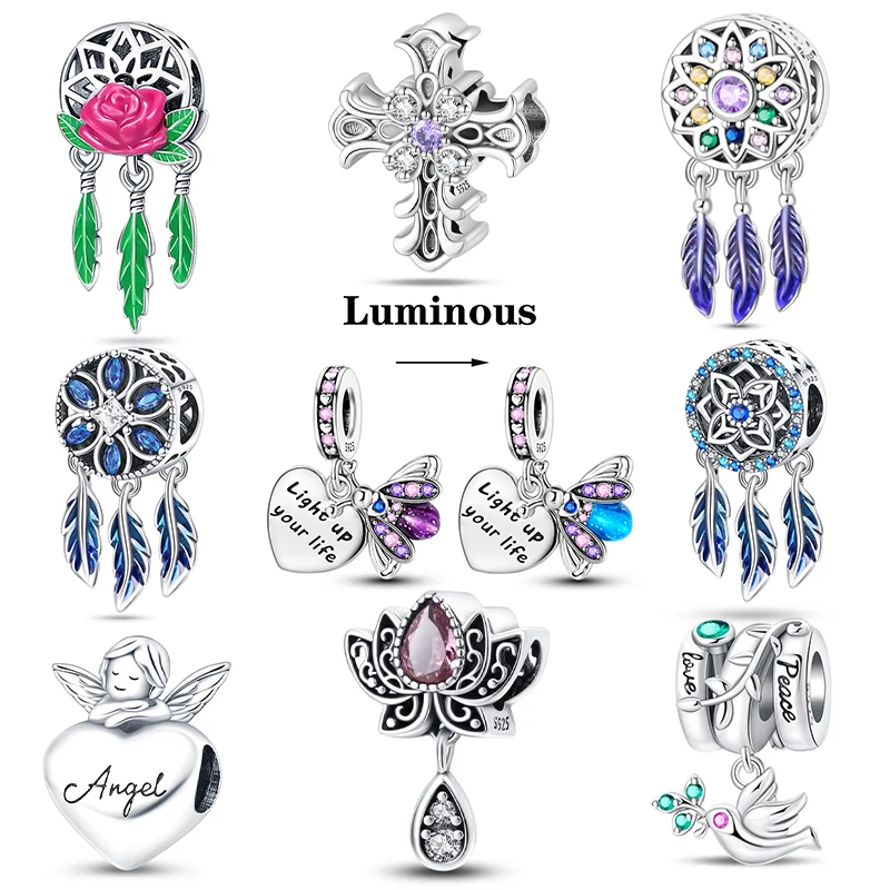 

925 sterling silver feather cross heart-shaped lotus angel pattern pendant beads, suitable for necklace or bracelet pendant DIY