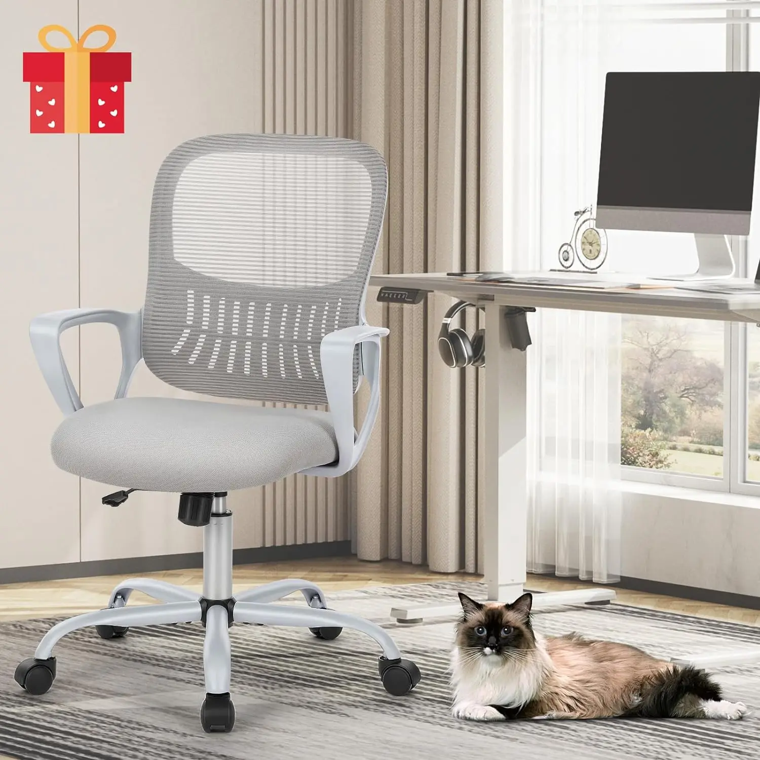 Office computer desk and chair, ergonomically designed middle back mesh rolling work rotating task chair