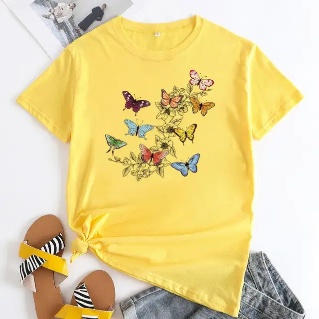 Bawełna 100% damska europa i stany zjednoczone nadruk z motylem miłość koszulka z krótkim rękawem bluzka Harajuku graficzne t-shirty
