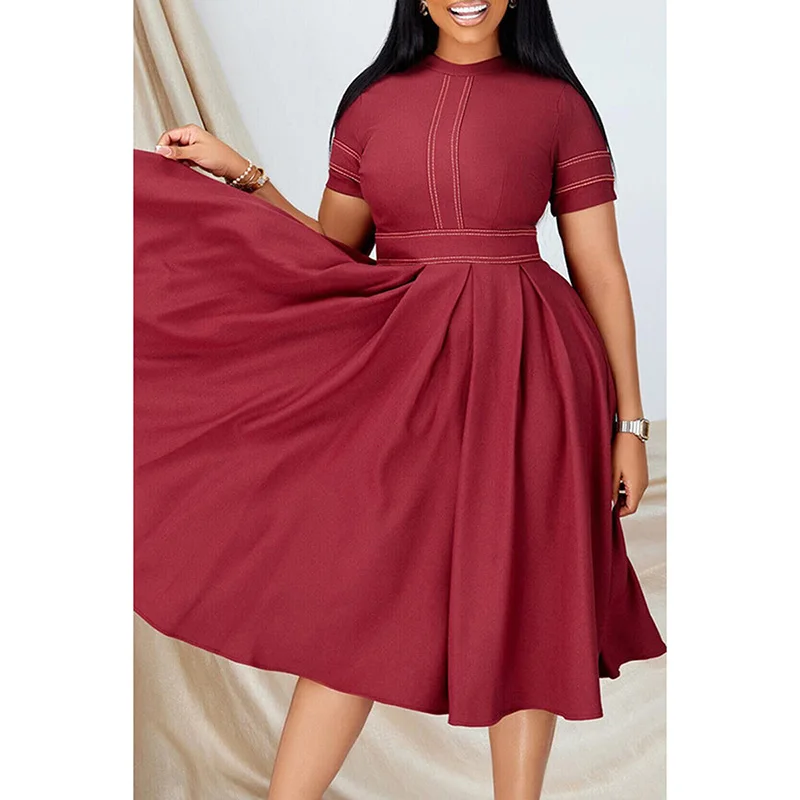 Vestido Midi plissado de cintura alta vermelho vinho, saia grande casual, bainha plissada, pescoço redondo, tamanho grande, plus size